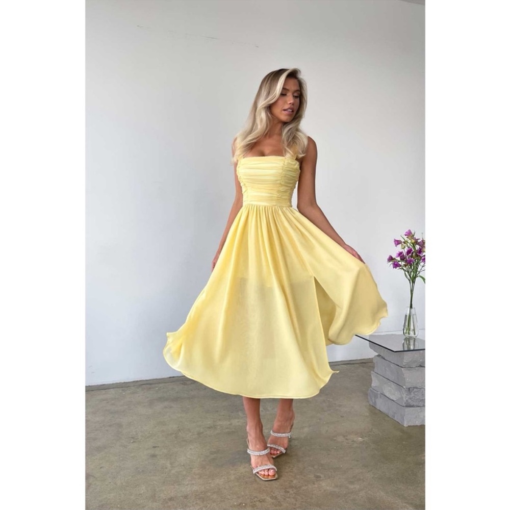 Post Meridiem Small Dress Draped Bodice Chiffon Midi Yellow S